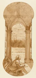 Taddeo kopiert Raphaels Fresken in der Loggia der Villa Farnesina, wo er auch als... dargestellt ist